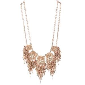 Rose Gold Tone Statement Necklace Filigree Beaded Fringe 16" +3" Extender